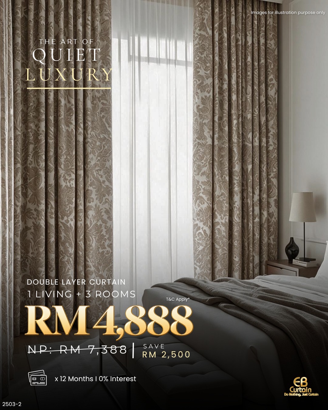 Pakej langsir dua lapis 1 Living + 3 Rooms, RM4,888. Gambar untuk ilustrasi sahaja.