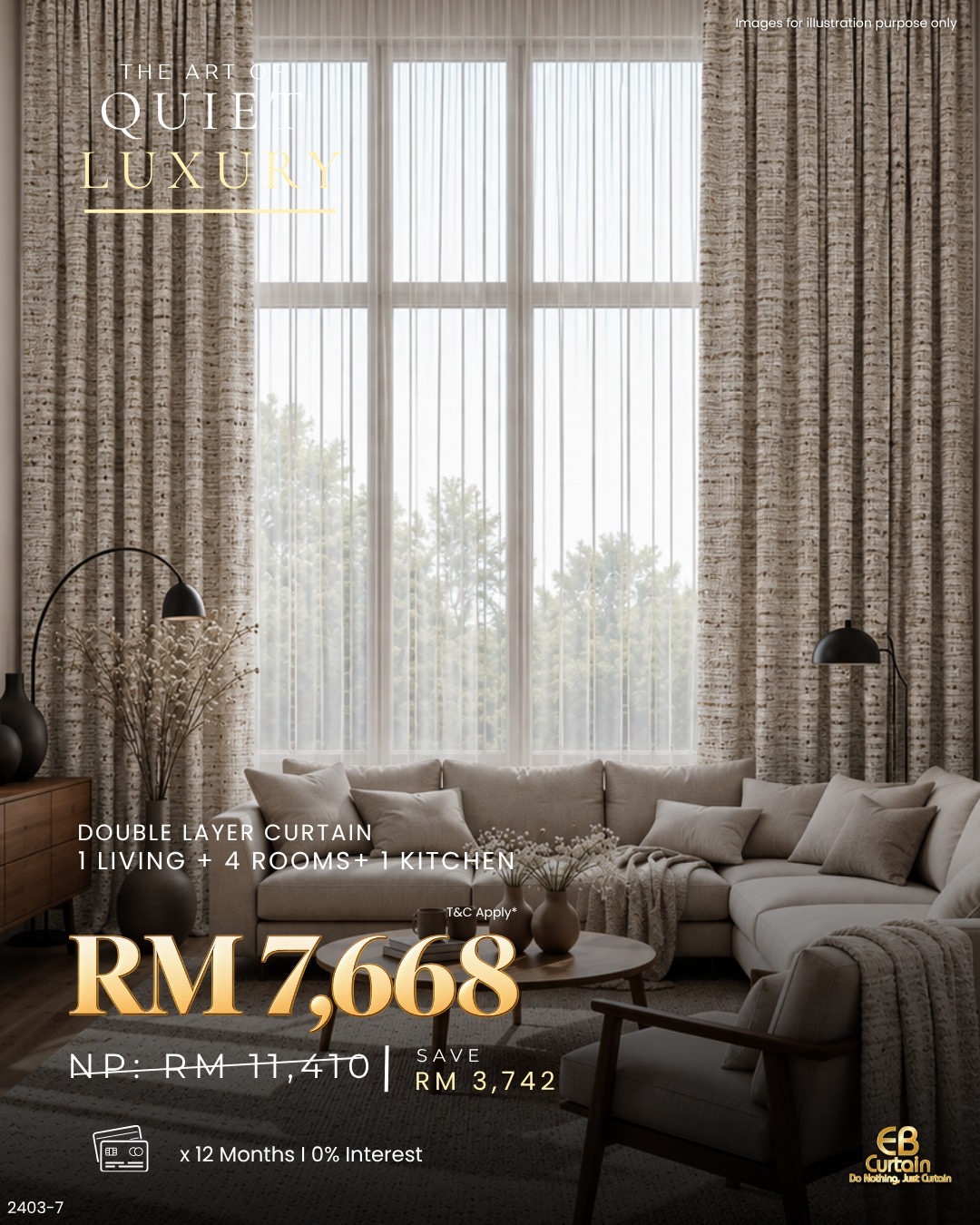 Pakej langsir dua lapis 1 Living + 4 Rooms + 1 Kitchen, RM7,668. Gambar untuk ilustrasi sahaja.